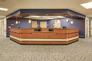 Reception and front desk area at Kettering Heights Post Acute facility in Kettering, OH